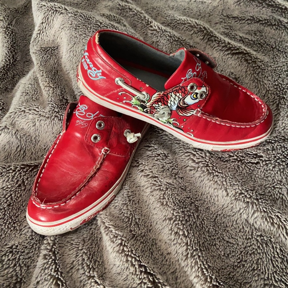 Red Painted Koi Fish Embroidered 1969 Vintage RARE Ed Hardy Slip Ons